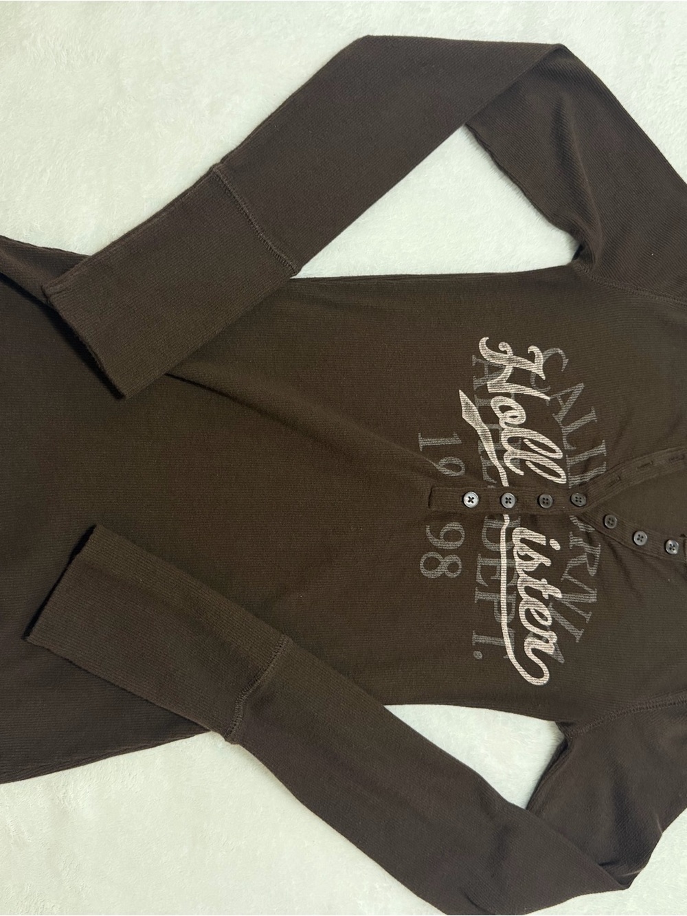 Hollister Women's Dark Brown V-Neck Henley Sweater with Logo